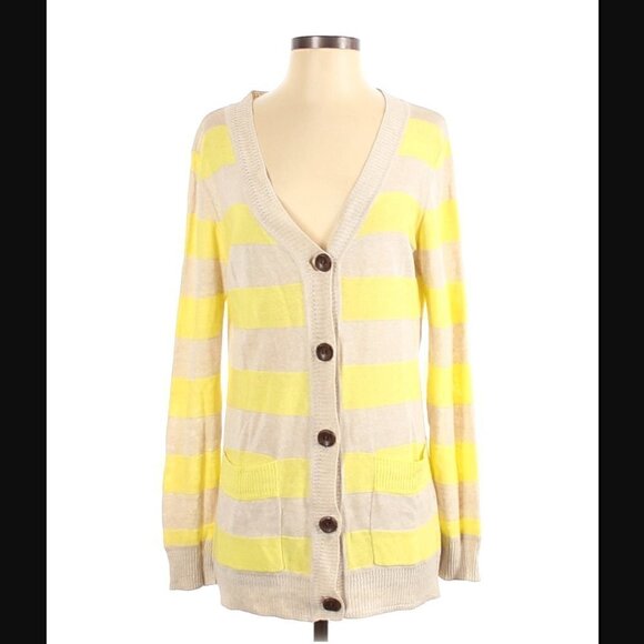 Milly New York Cardigan S Linen Stripe Button Luxury Spring Natural Lemon Yellow - Picture 3 of 9